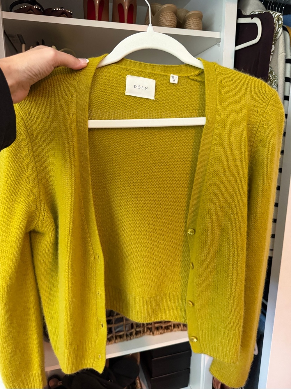 Soft antique moss V-neck cardigan from DÔEN